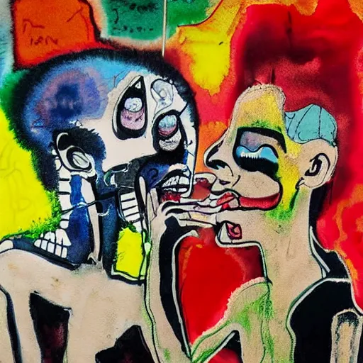 Prompt: watercolor painting of two bizarre psychedelic goth women kissing each other closeup in a cafe in japan, speculative evolution, mixed media collage by basquiat and jackson pollock, maximalist magazine collage art, sapphic art, lesbian art, chemically damaged