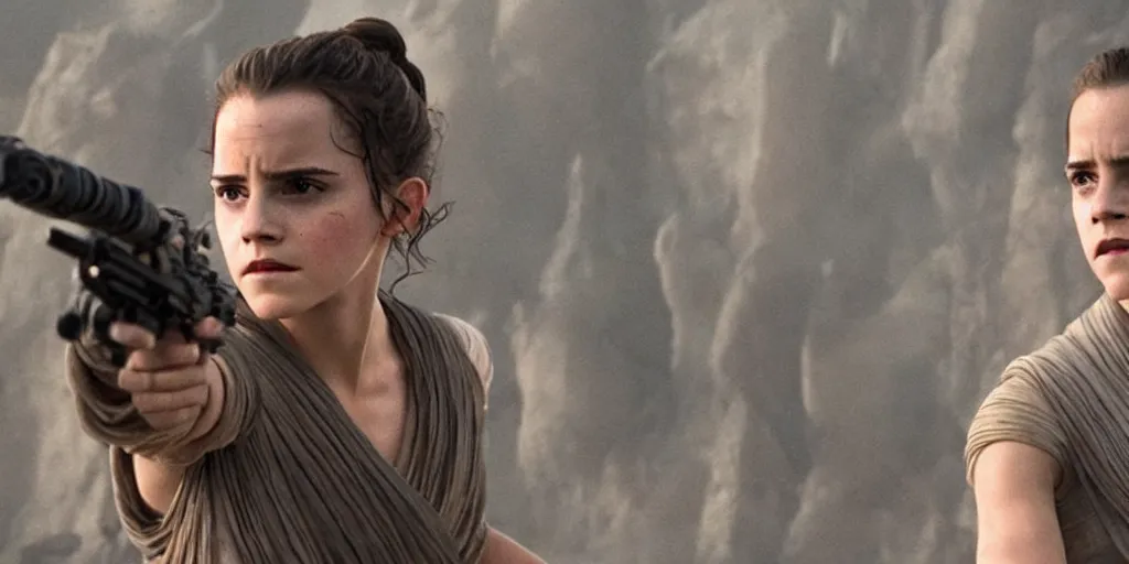 Image similar to emma watson as rey in the new star wars movie, cinematic, detailed