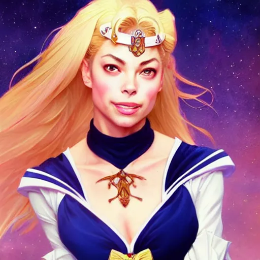 Prompt: Kristin Kreuk with blonde hair as Sailor Moon, western, D&D, fantasy, intricate, elegant, highly detailed, digital painting, artstation, concept art, matte, sharp focus, illustration, art by Artgerm and Greg Rutkowski and Alphonse Mucha