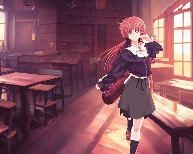 Prompt: key anime visual portrait of a young female witch carrying a backpack in a tavern interior, dynamic pose, dynamic perspective, cinematic, dramatic lighting, muted colors, fine detail, textured, big detailed eyes, anatomical proportions