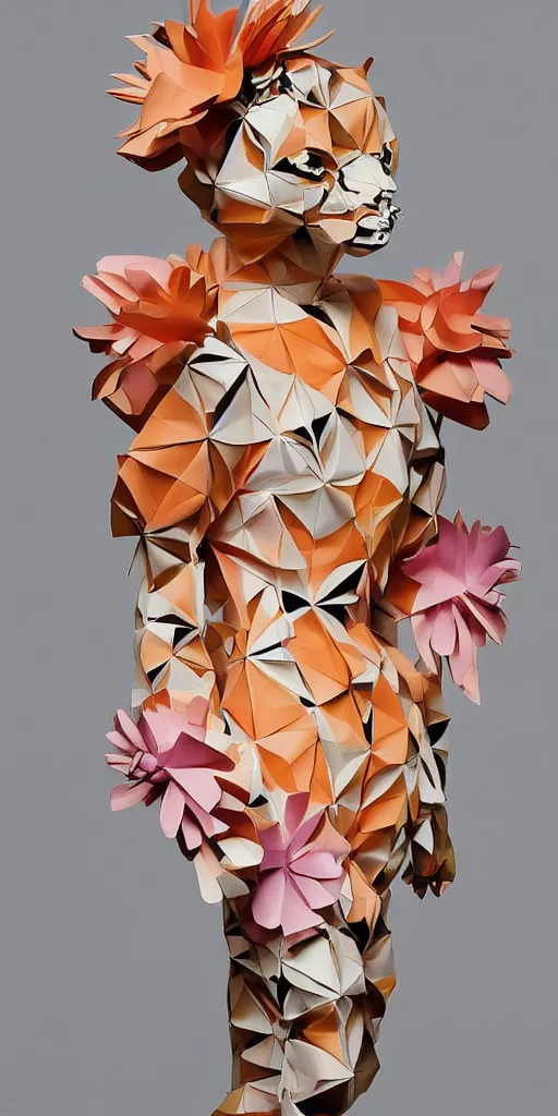 Image similar to portrait of a beautiful ceramic female tiger model wearing sakura and peach ( ( origami themed paper flower ) ) and metallic shapes haute couture by issey miyake