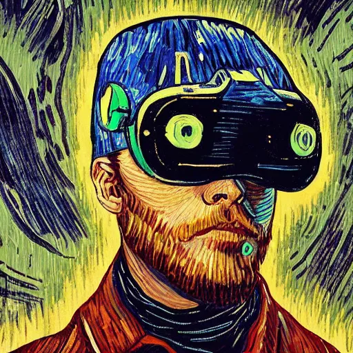 Image similar to Illustrated by Shepard Fairey and Greg Rutkpwski | Cyberpunk Van Gogh with VR helmet, surrounded by cables