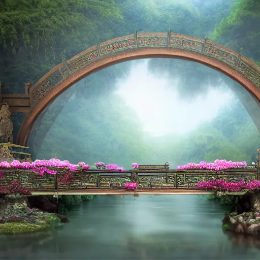 Prompt: matte painting of an old oriental bridge decorated with flowers alongside above a small river stream next to a large chinese temple, realistic, 4 k, artstation, dreamy, fog, volumetric lighting