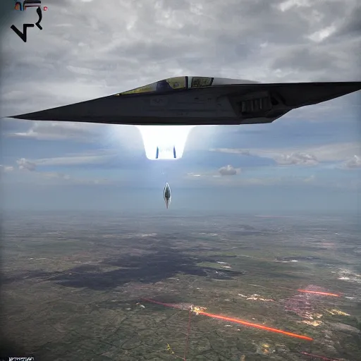 Prompt: insane detail, hyper - realistic, 3 d model, a stealth fighter jet engaging a ufo in mid - air