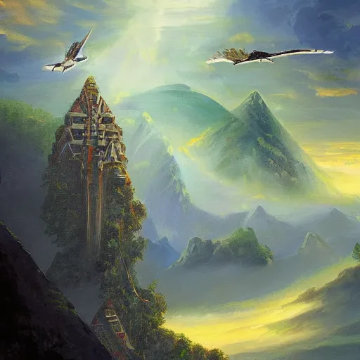 Image similar to a beautiful painting about a futuristic spaceship landing in a misty Asian rainforest, surrounded by mountains and clouds. Featured on Artstation. tall bright numerical village pyramid osprey citrus archangel, by Valentine Hugo and Robert Henri and Banks