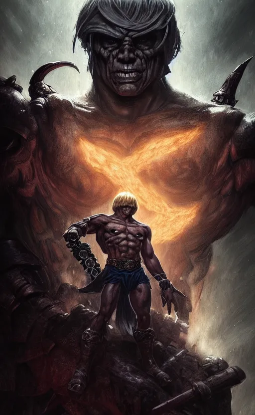 Image similar to uncut portrait of he - man, dark and mysterious and eerie and ominous character, cinematic, epic, highly detailed, intricate, illustration, artwork by marcus whinney and greg rutkowski