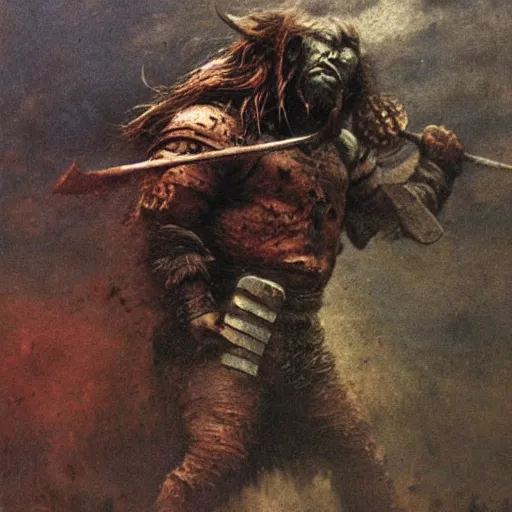 Image similar to viking marauder fighting against an orc, posed, gritty, beksinski