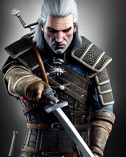 Image similar to portrait of geralt of rivia, 5 5 mm lens, professional photograph, times magazine, serious, stern look