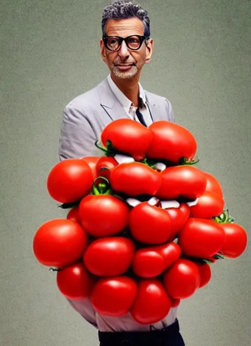 Image similar to jeff goldblum in a tomato outfit