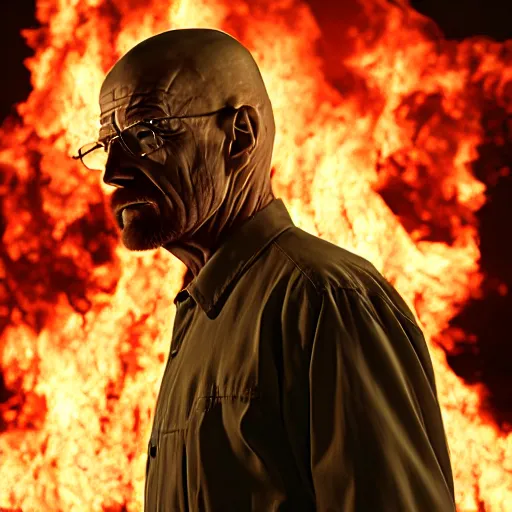 Image similar to a photo of walter white standing in front of a building on fire, highly detailed, 4 k