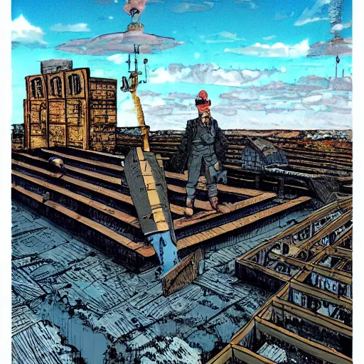 Image similar to blue sky in the style of enki bilal