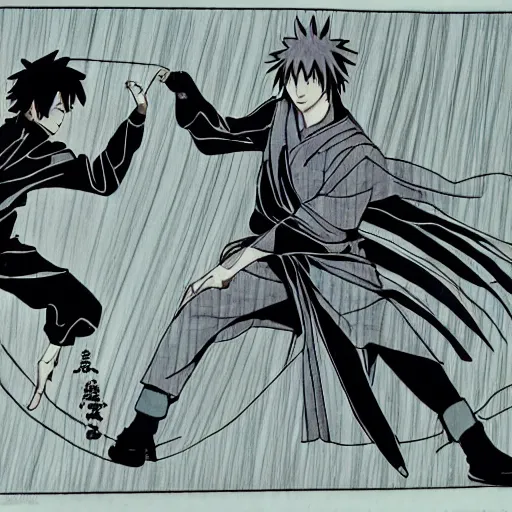 Prompt: Keanu Reeves teaches Sasuke how to chidori illustrated by Kishimoto highly detailed pen and ink manga panel