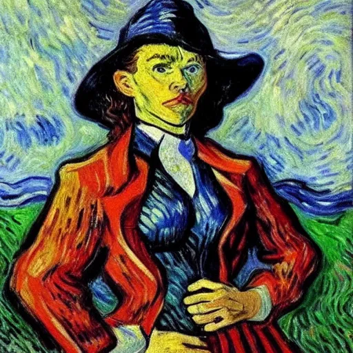 Prompt: Portrait painting of modern Vincent Van Gogh cosplaying as Gal Godot Wonder Woman Superhero by Claude Monet, original Post Impressionist art