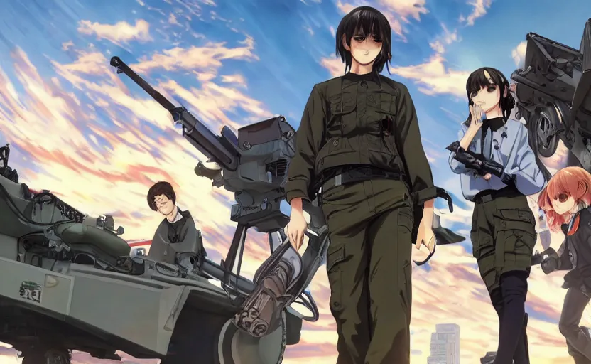 Image similar to anime style, gta 5, panoramic view, searchlights in background, soldier clothing, hair down, real face, symmetrical facial features, from arknights, hyper realistic, extreme detail, detailed drawing, trending pixiv, safebooru, d & d, realistic lighting, by alphonse mucha, greg rutkowski, sharp focus, backlit, mechanized transport