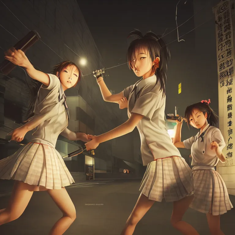 Image similar to two japanese schoolgirls fighting behind a 7 - 1 1 at night, intricate details, complementary lighting, detailed face, backlighting, octane render, raytraced, depth of field, extremely detailed, trending in artstation, focus on face, sharp focus, radiant light, beautiful composition, yihao ren, zochi, zero - hour, jean paul fiction