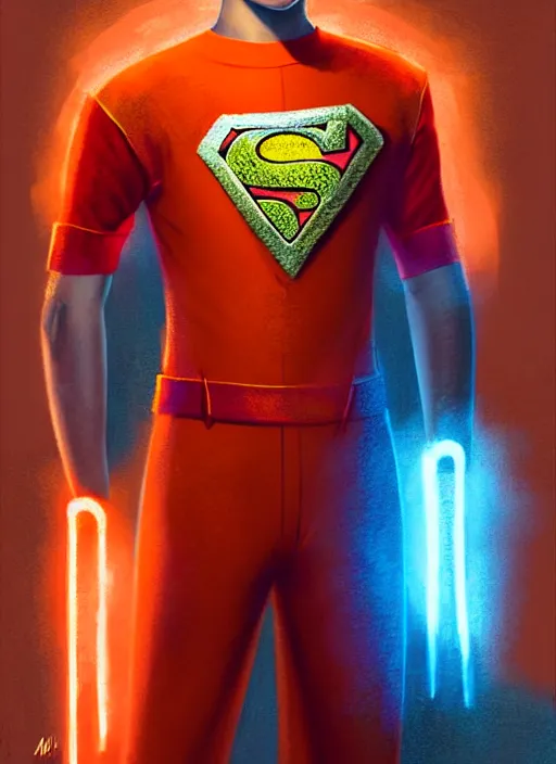 Image similar to kind teenage archie andrews wearing an orange superhero costume, superhero costume with heart emblem, cape, intricate, elegant, glowing lights, highly detailed, digital painting, artstation, sharp focus, illustration, art by wlop, mars ravelo and greg rutkowski