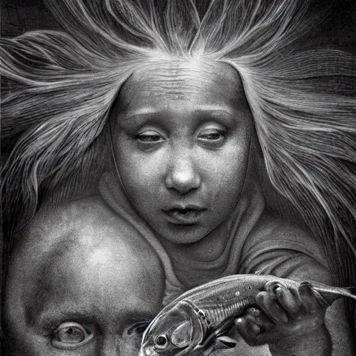 Image similar to little fish, big fish, swimming in the water come back here, man, gimme my daughter, by hieronymus bosch hyper realistic, dark fantasy detailed, high definition insanely detailed, bitter super - resolution microscopy dark lighting, x - ray black and white