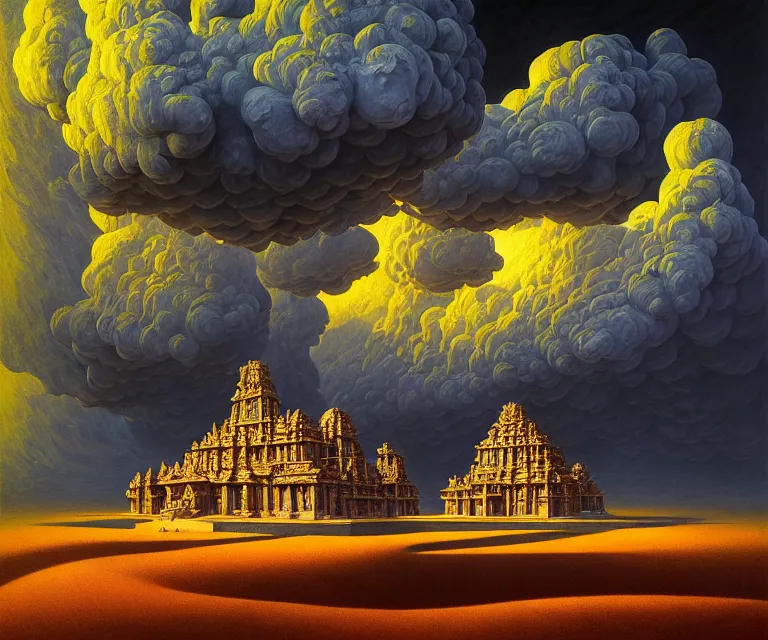 Image similar to hyper detailed 3d render like a Oil painting - ornate temple of the sun, dramatic sky in background, radiant, by Jacek Yerka, Mariusz Lewandowski, Houdini algorithmic generative render, Abstract brush strokes, Masterpiece, Edward Hopper and James Gilleard, Zdzislaw Beksinski, Mark Ryden, Wolfgang Lettl, hints of Yayoi Kasuma, octane render, 8k