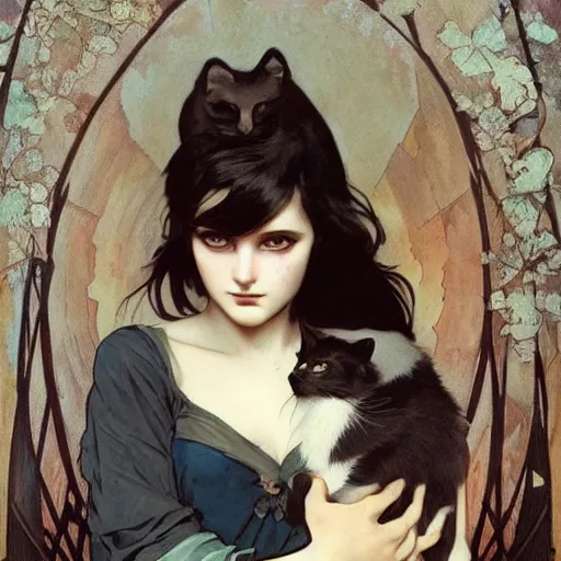 Image similar to cute!!! goth girl with long dark hair parted sideways thick eyebrows and dark eyes, she is holding a cat in her arms, by juan villafuerte, greg rutkowski and alphonse mucha, pexels contest winner, high quality photo, rtx, hd