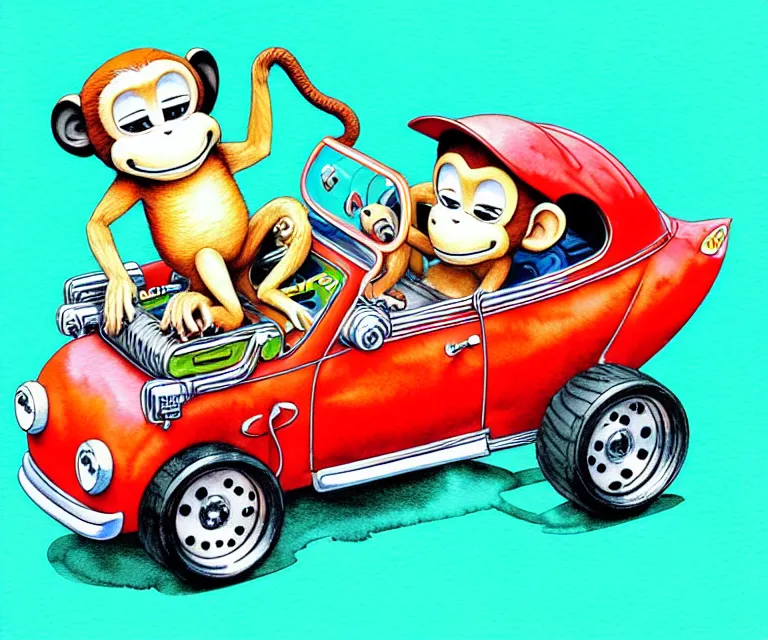 Prompt: cute and funny, monkey riding in a tiny hot rod with oversized engine, ratfink style by ed roth, centered award winning watercolor pen illustration, isometric illustration by chihiro iwasaki, edited by range murata, tiny details by artgerm, symmetrically isometrically centered