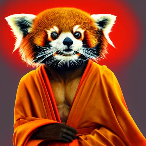 Image similar to highly detailed full body picture of a red panda in buddhist monk’s robes, concept art, digital art, studio lightning, bright colors, intricate, masterpiece, photorealistic, hiperrealistic, sharp focus, high contrast, intricate, Artstation HQ, DeviantArt trending, 4k UHD, Unreal Engine 5