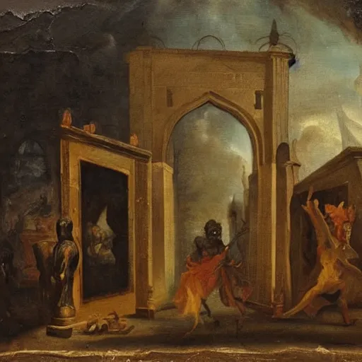 Prompt: In the center of the painting is a large gateway that seems to lead into abyss of darkness. On either side of the gateway are two figures, one a demon-like creature, the other a skeletal figure. in India by David B. Mattingly, by Frans Francken the Younger funereal