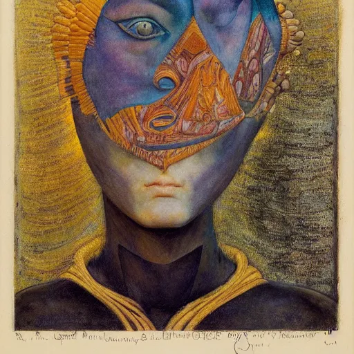 Image similar to the little android queen, by annie swynnerton and diego rivera and elihu vedder and lucien freud and jean delville, symbolist, dramatic lighting, elaborate geometric ornament, head and shoulders view, art brut, soft cool colors, smooth, sharp focus, extremely detailed, adolf wolfli, leo and diane dillon, nicholas roerich