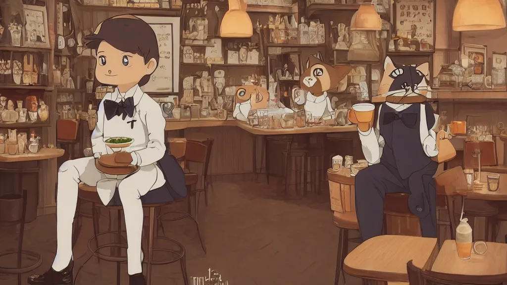 Image similar to a highly detailed portait of a cute little anthropomorphic cat barista wearing a suit in a parisian coffee shop by studio ghibli, tiny, small, cute and adorable, pretty, beautiful, character art portrait, matte painting, Artstation