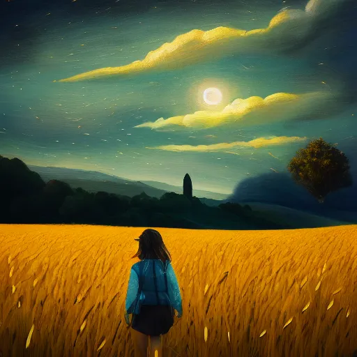 Image similar to giant daisy as a head, girl walking in wheat field, hills, surreal photography, dark night, star trails, dramatic light, impressionist painting, clouds, digital painting, artstation, simon stalenhag