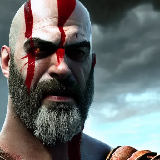 Prompt: Film still of Jeffrey Dean Morgan as Kratos, from God of War (2018 video game)