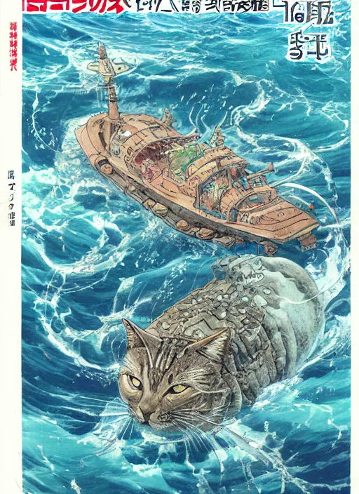 Image similar to japanese magazine cover of one giant cat in the middle of the sea illustrated by miyazaki, hiroyuki kato, keisuke goto, highly detailed, concept art, illustration art