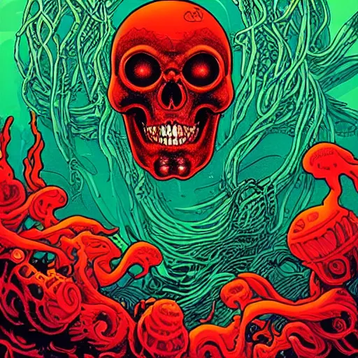 Image similar to a glowing red skull in a green sea enveloped by jellyfish tendrils and black seaweed by josan gonzalez and dan mumford, highly detailed, high contrast