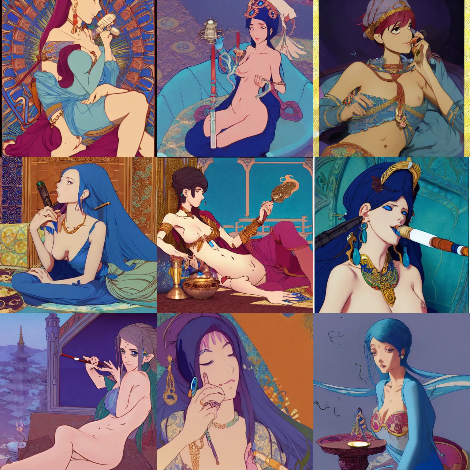 Prompt: Portrait of a blue-skinned female djinn wearing bedlah attire lounging and smoking a hookah pipe, fantasy, highly detailed, artstation, concept art, official Kyoto Animation and Studio Ghibli anime screenshot, by Ilya Kuvshinov and Alphonse Mucha