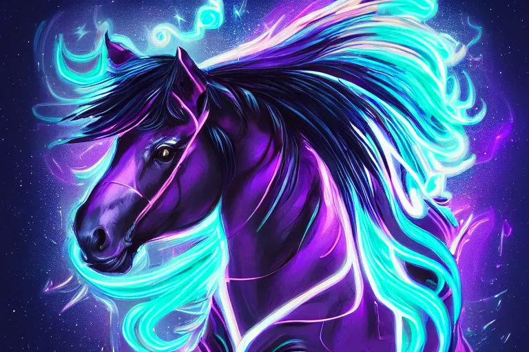 Image similar to a stunning horse with bioluminescent mane and tail running in space by sandra chevrier and greg rutkowski, neon hooves, purple blue color scheme, vaporware, retro, outrun, high key lighting, volumetric light, digital art, highly detailed, fine detail, intricate, ornate, complex, octane render, unreal engine, photorealistic