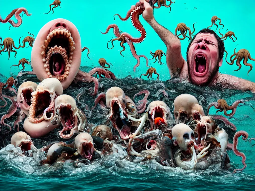 Image similar to a photograph of a screaming man in the ocean swarmed by squids, dogs, baboons, and squirrels, the man's mouth is stuffed with bones and the water foams all over the gaff