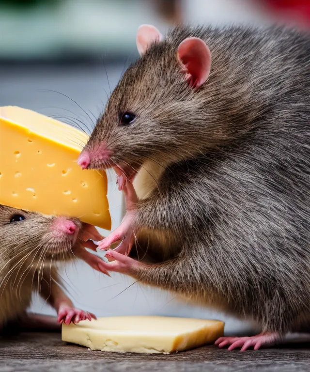 Prompt: high quality presentation photo of vicious anthropomorphic rats with sharp teeth eating cheese, and fighting each other over cheese, photography 4k f1.8 anamorphic bokeh 4k Canon Nikon