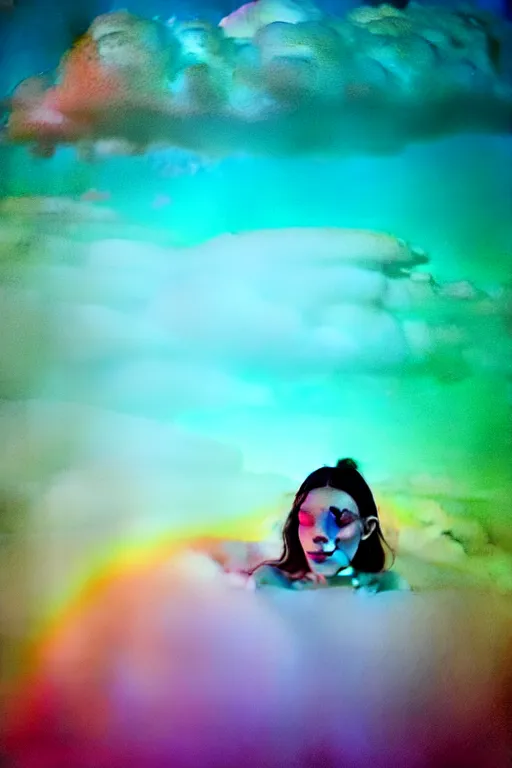 Image similar to high quality pastel coloured film close up wide angle photograph of a model wearing clothing swimming on cloud furniture in a icelandic black rock!! environment in a partially haze filled dreamstate world. three point light, rainbow. photographic production. art directed. pastel colours. volumetric clouds. pastel gradient overlay. waves glitch artefacts. extreme facial clarity. 8 k. filmic.