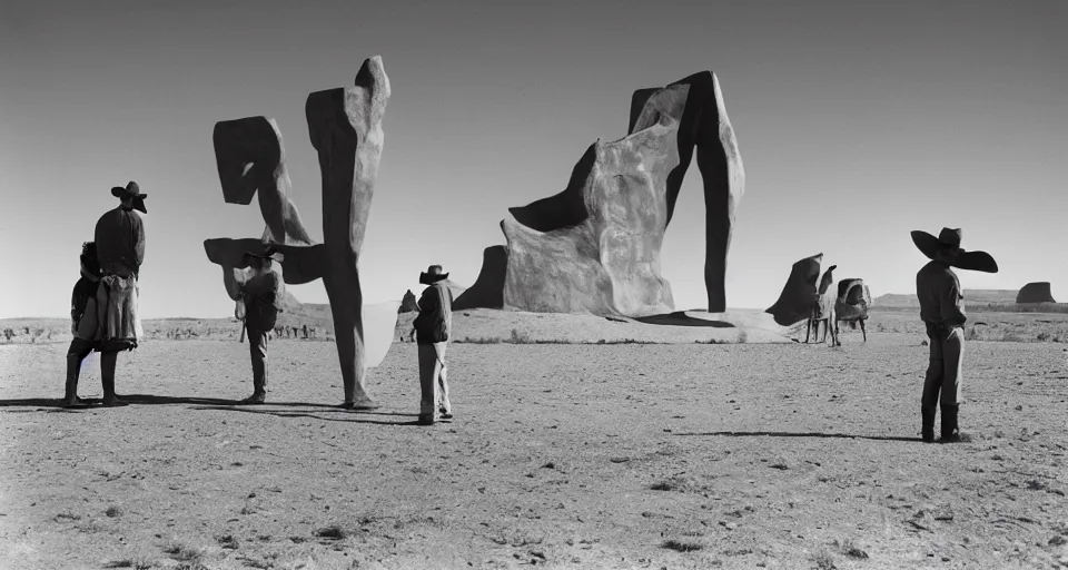 Prompt: film still showing cowboys looking at a gigantic Henry Moore sculpture in the desert directed by Sergio Leone, western, monument valley, cinemascope, technicolor