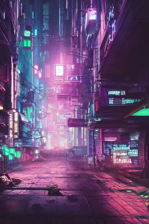 Prompt: a street in a big city at night, neon lights, down a flight of stairs to the basement, cyberpunk style, digital painting, concept art, smooth, sharp focus, hyperrealistic, illustration, artstation trending, octane render, unreal engine, ambient light, dynamic lighting, magical, dark vibes, Cyberpunk 2077