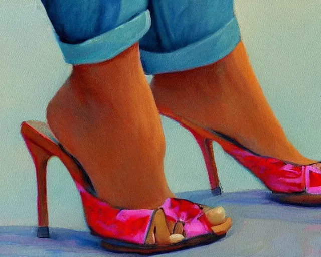 Prompt: high detail but easy to watch peaceful painting of a woman's feet in high heeled sandals made by Stable Diffusion AI