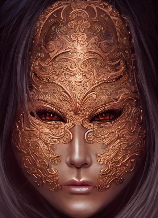 Prompt: a beautiful detailed oil on copper art illustration of a japanese hyottoko mask woman, centered, by charlie bowater, zeng fanzh, trending on artstation, dim dusk lighting, cinematic lighting, detailed lighting, volumetric lighting, realistic, f 8, 4 k hd wallpaper