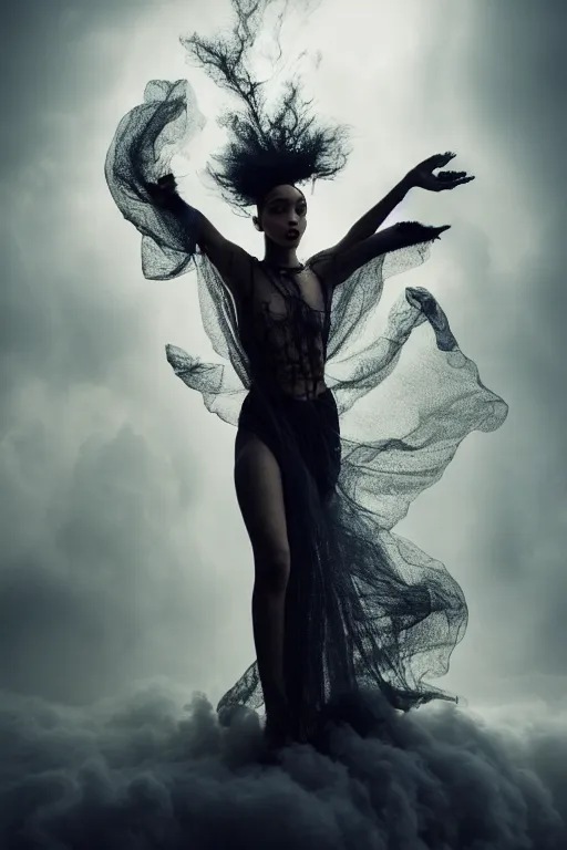 Prompt: photoshoot of fka twigs as mysterious dark goddess of death, realism, clouds, swirling energy, torn fabric, elaborate ornate growth, gilded relief, volumetric lighting, light shafts, ambient light, trending on artstation, by alessio albi