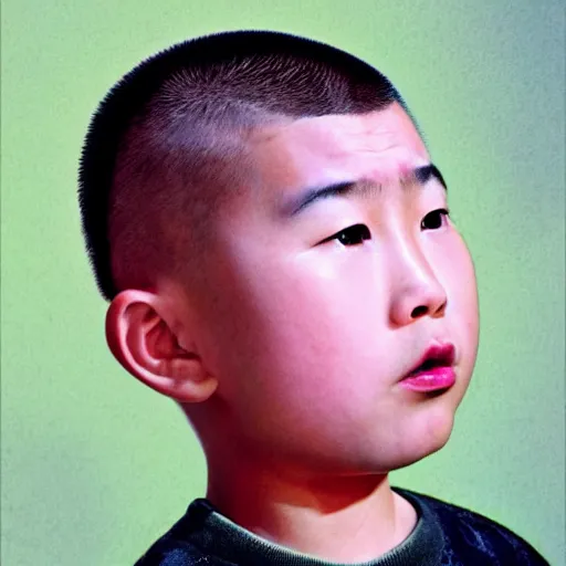 Prompt: dramatic portrait of chinese boy buzz cut, in the style of the simpsons