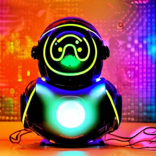 Prompt: a cybertronic duck, robotic, metallic, glowing eyes, neon, high detail