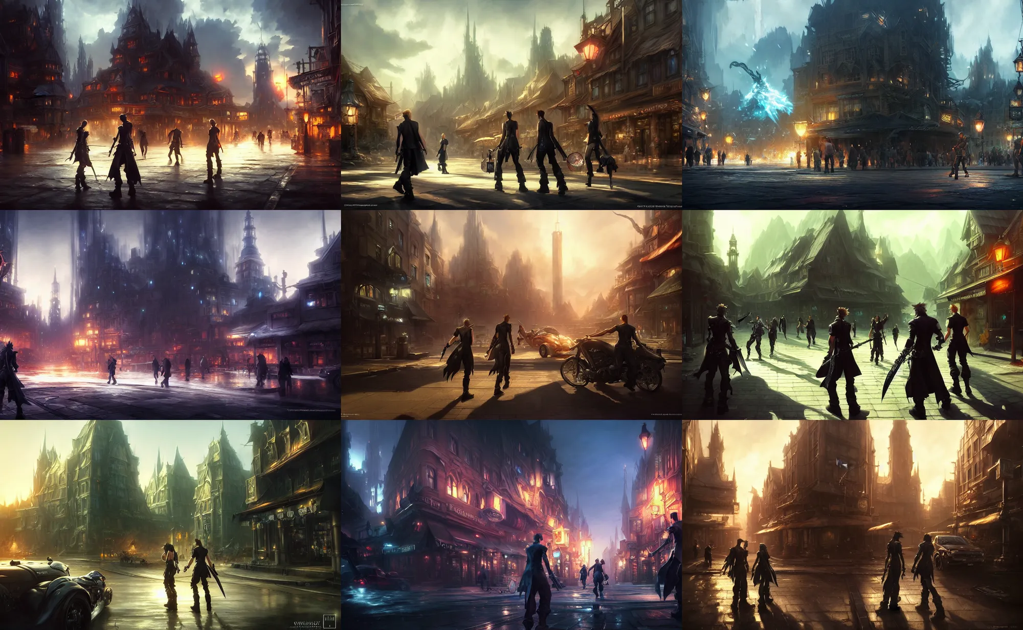 Prompt: raymond swanland and andreas rocha and james gurney and artstation detailed digital art of a final fantasy 1 5 town, realistic lighting, unreal engine, hyper realism, realistic shading, octane render, sharp focus, very wide shot