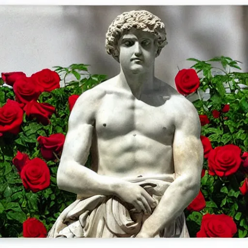 Image similar to portrait of a greek statue buried among the roses in roses, by julia pott