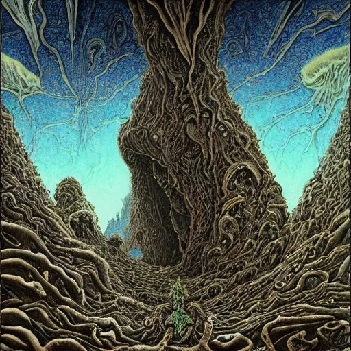 Image similar to a painting of a man standing in front of a cave, a surrealist painting by ian miller, deviantart, psychedelic art, lovecraftian, cosmic horror, poster art