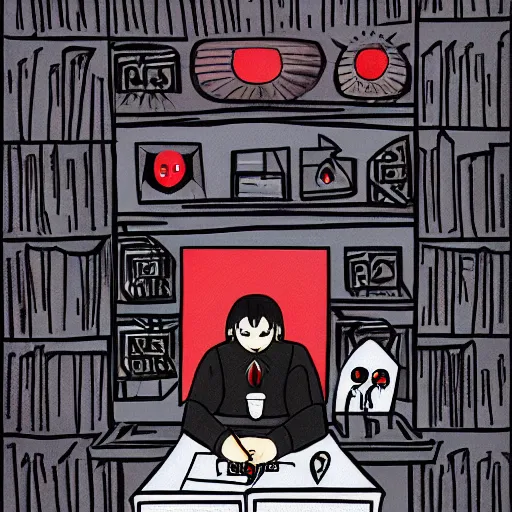 Image similar to dark lord sitting at desk, 3 / 4 view, portrait, ghibli, red demon cyberpunk symbols