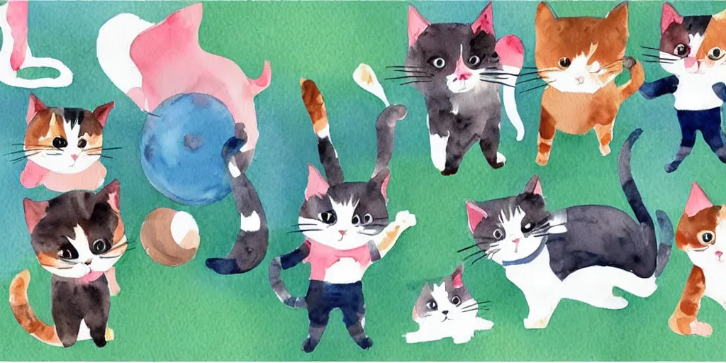 Image similar to watercolor illustration style, cute! cats training in gym