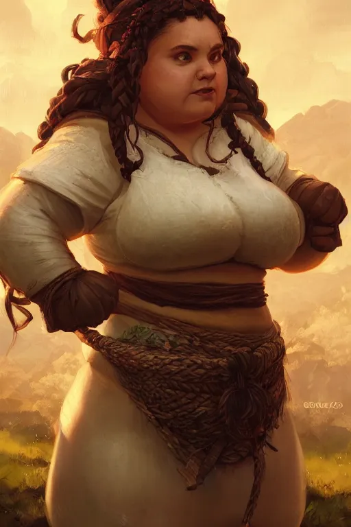 Prompt: Portrait | chubby plump female dwarven cook| complex cooking outfit | complex adorned braided hair | style by greg rutkowski, larry elmore, giotto dramatic light | high detail | cinematic lighting | artstation |shorty broad fat woman| happy hearty expression | dungeons and dragons |